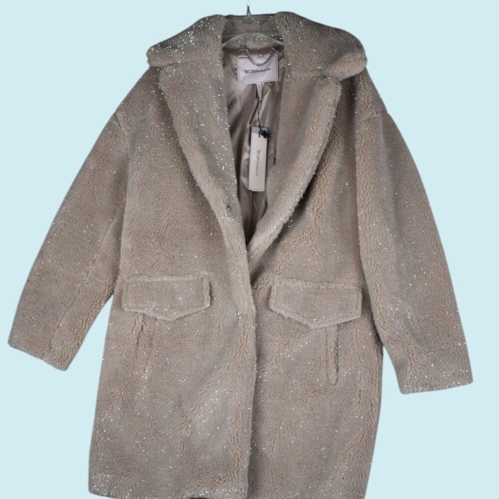BCBGeneration Coat Women's XS Brown Faux Fur Teddy Sparkle Midi Outerwear NWT